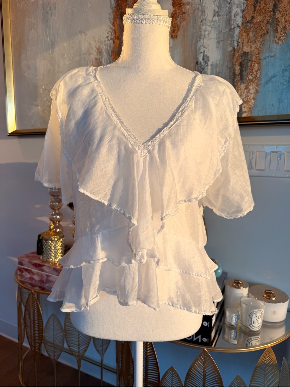 Women's White Ruffle V‑Neck Blouse and Pants